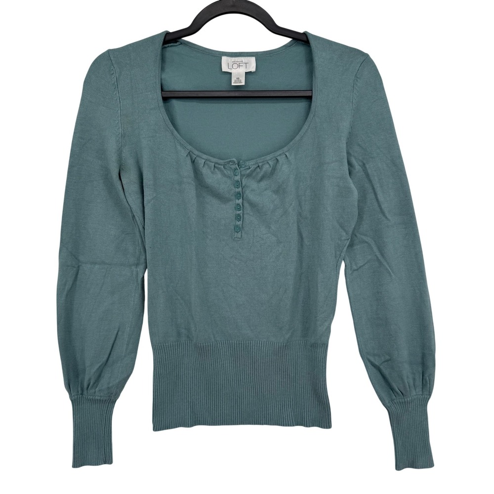 Ann Taylor Loft Knit Top Women XS Sage Green Balloon Sleeve Scoop Neck Henley